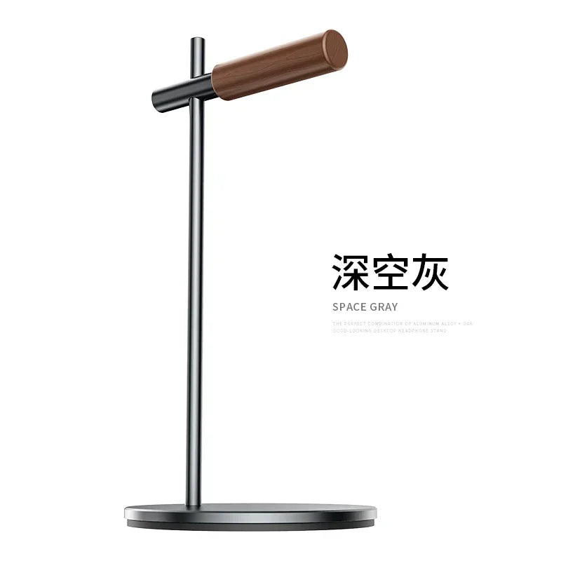 Elegant headphone stand made of walnut wood and aluminum