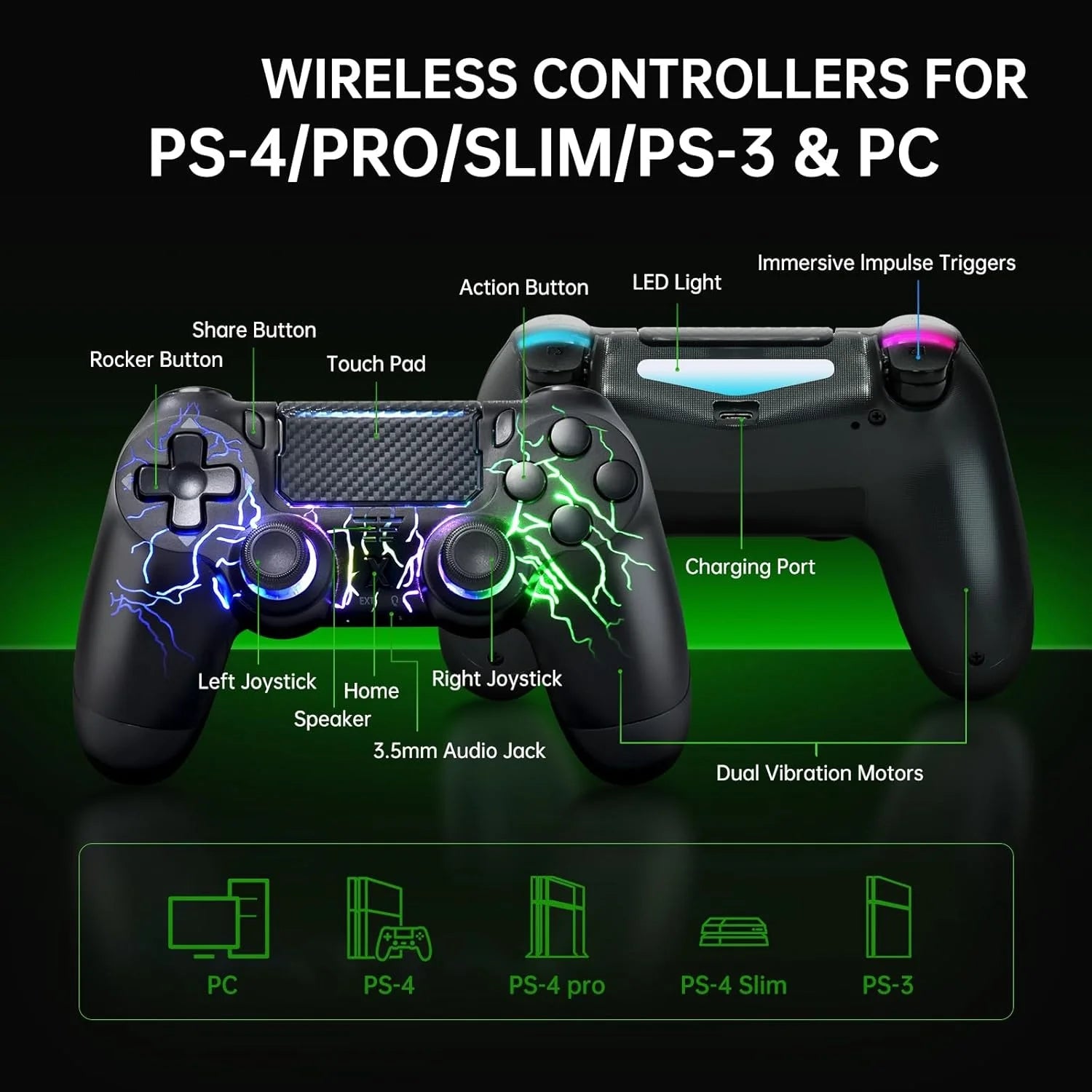 RGB Wireless Controller for PS4 & PC with Hall Joystick