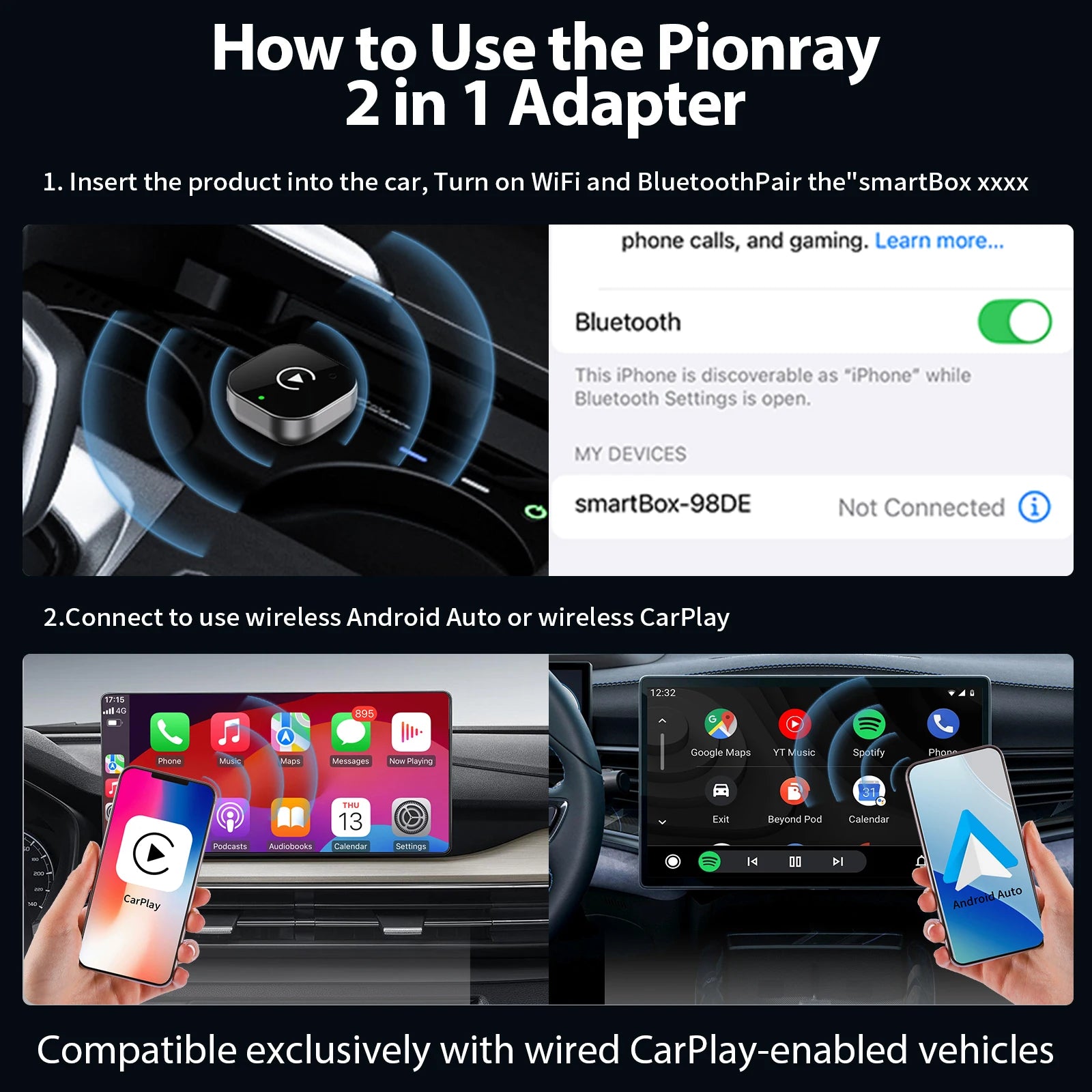 Pionray 2in1 kabelloser CarPlay Android Auto Adapter