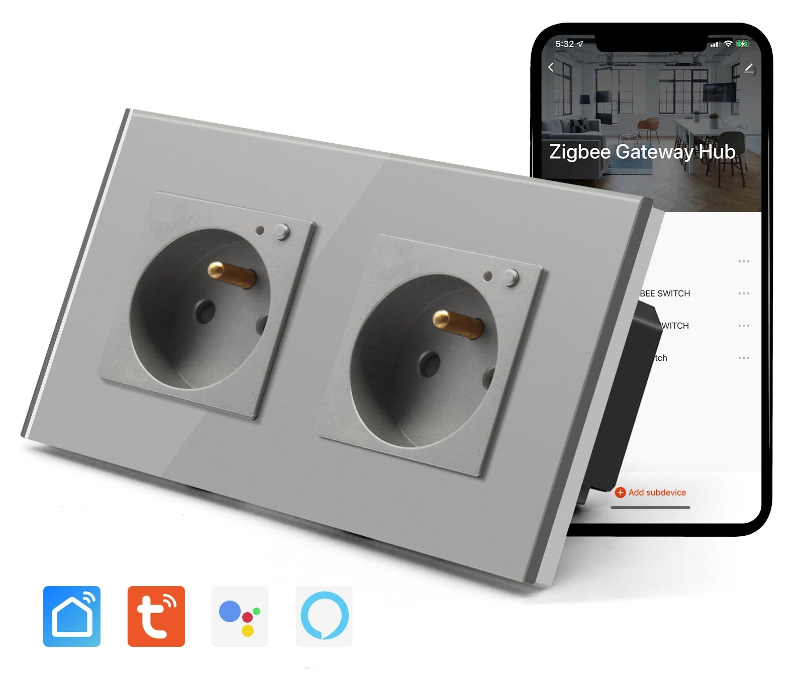 Double wall socket glass panel Smart 16A