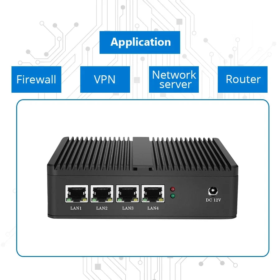 Lüfterloser Mini-PC J1900 4x LAN HDMI VGA USB