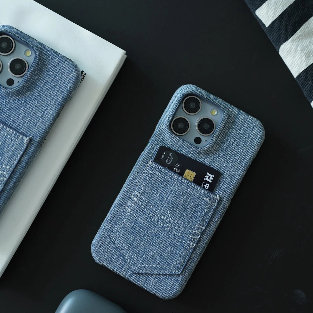 Retro Denim Kartenhülle stoßfest für iPhone