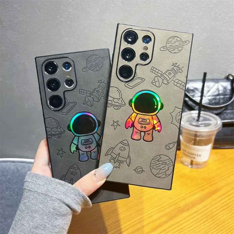 Leder Hülle für Samsung S23 S24 S25 Cartoon Astronaut