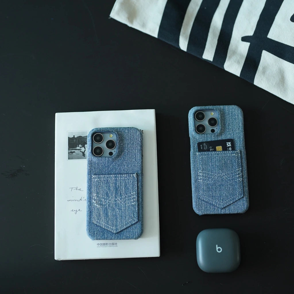 Retro Denim Kartenhülle stoßfest für iPhone