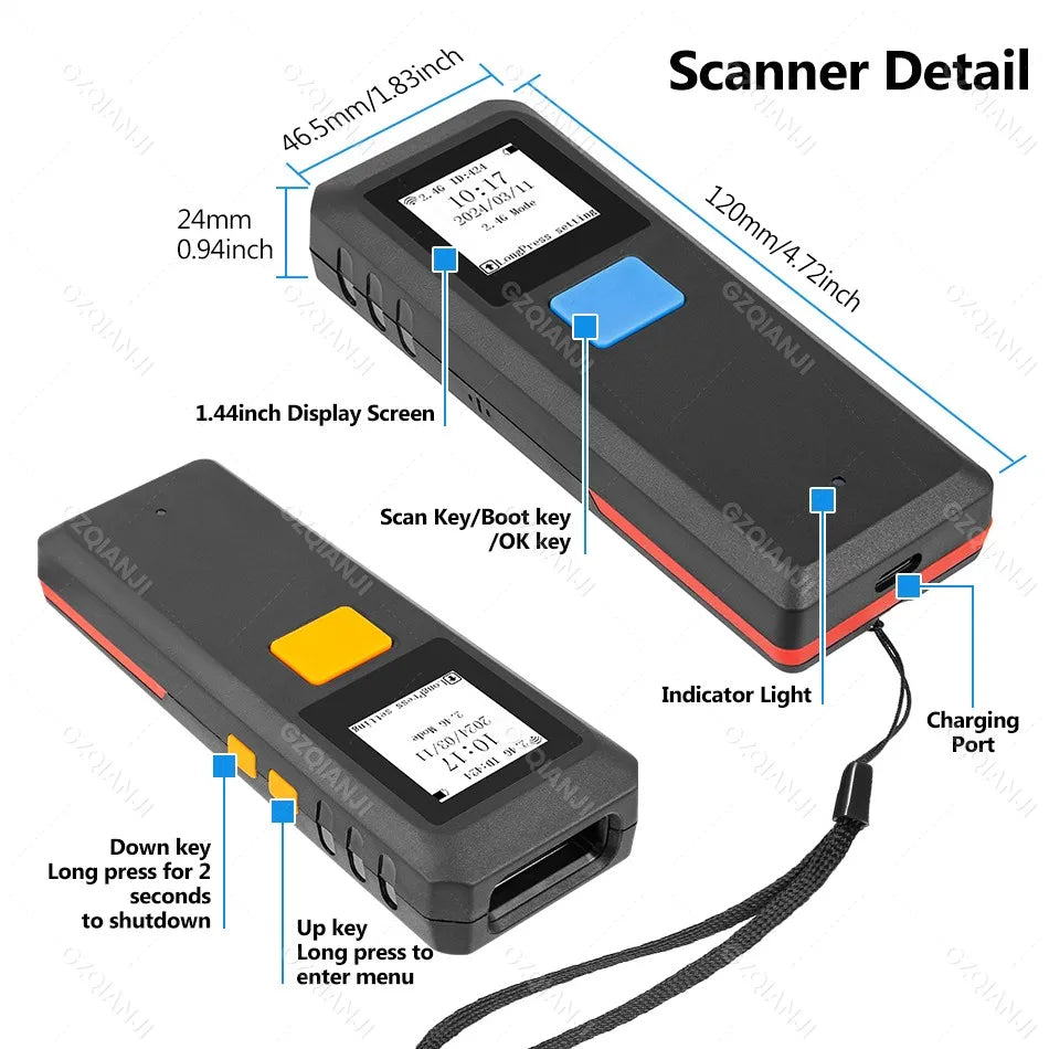 Tragbarer Bluetooth 1D 2D Laser Barcode Scanner Mini
