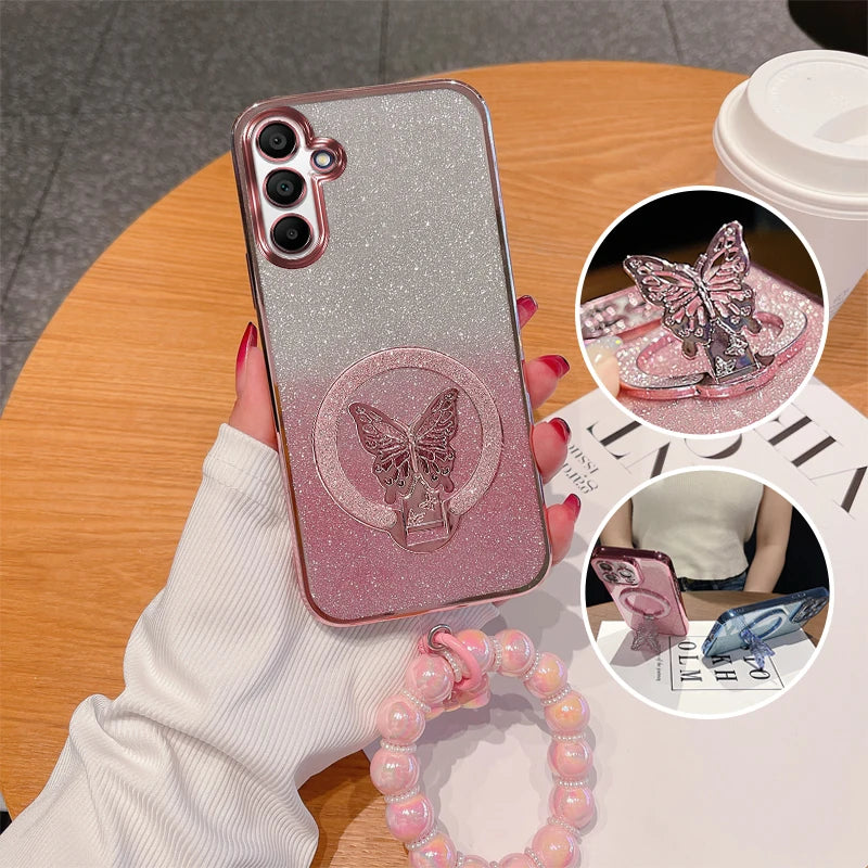 Glitzer Butterfly Hülle for Galaxy S25 mit Halter