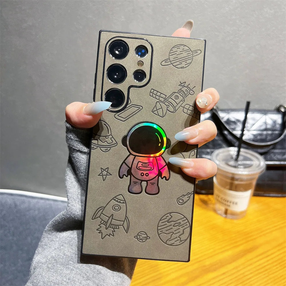 Leder Hülle für Samsung S23 S24 S25 Cartoon Astronaut