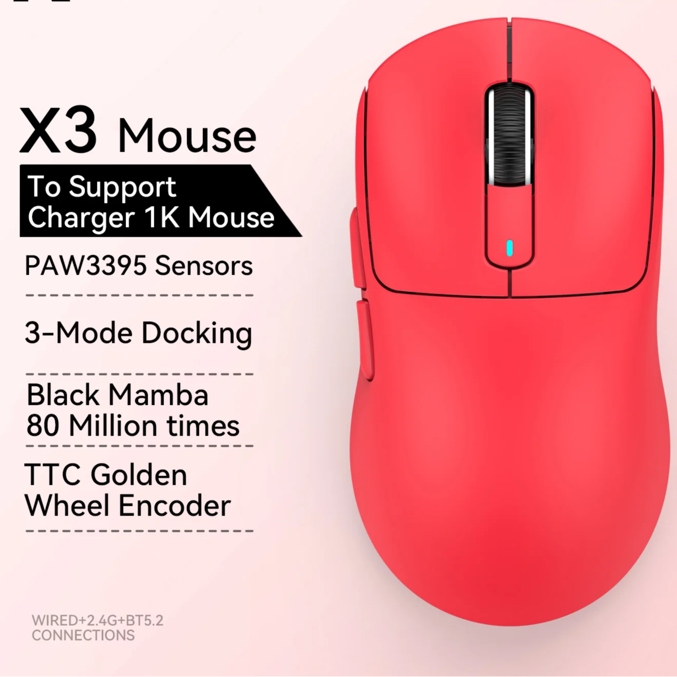 Tri-Mode Gaming Mouse 26K DPI with PAW3395 Sensor