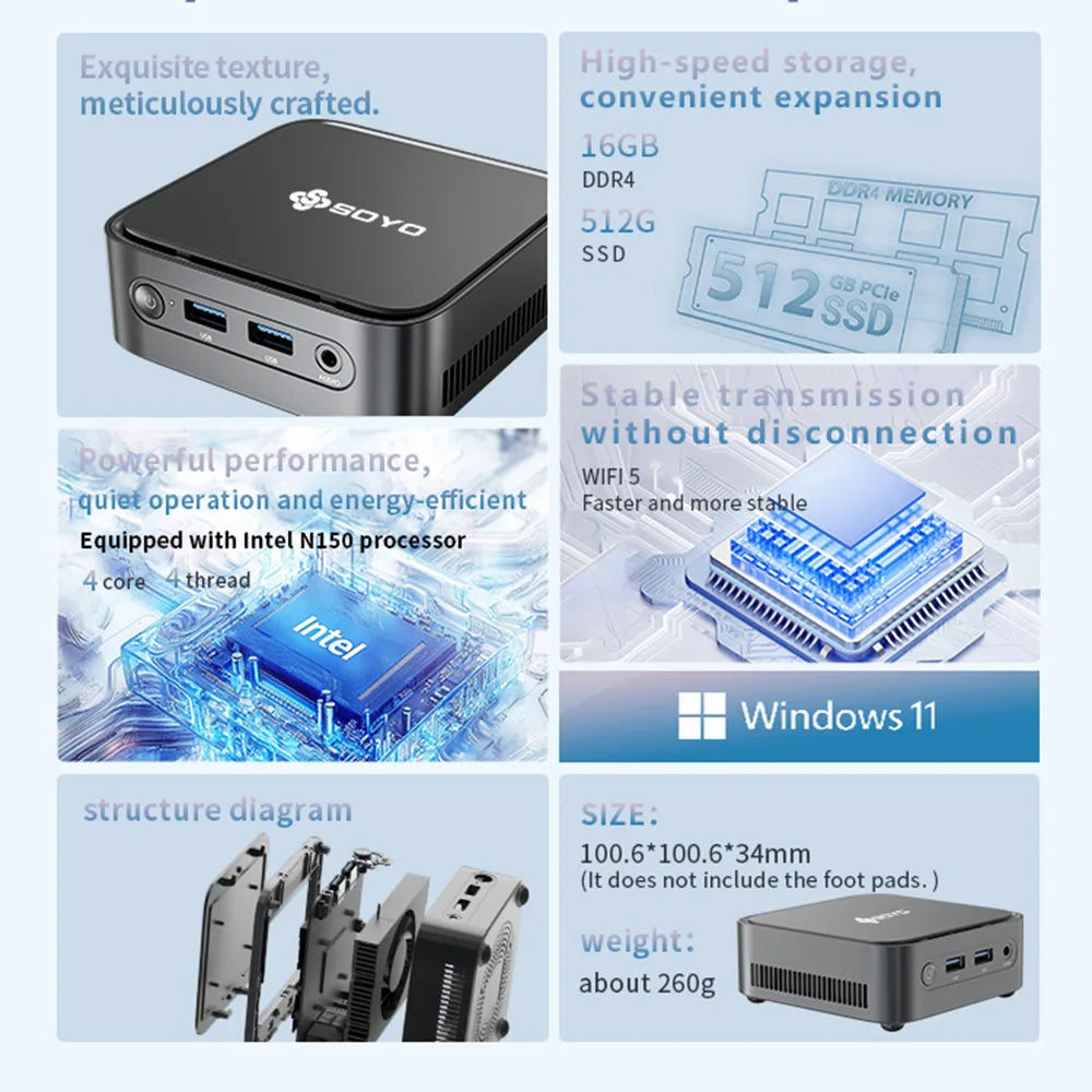 Kompakter Mini-PC Intel N150 16GB RAM 512GB SSD Win11