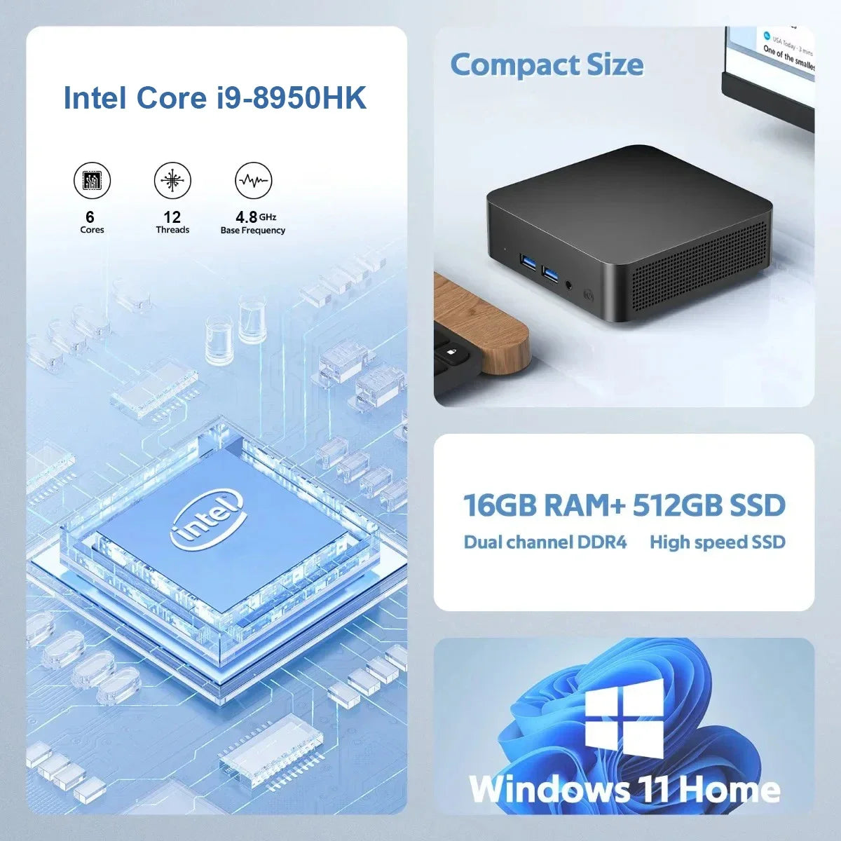 Mini PC i9 Windows 11 Pro 12GB RAM 512GB SSD WiFi 6 BT