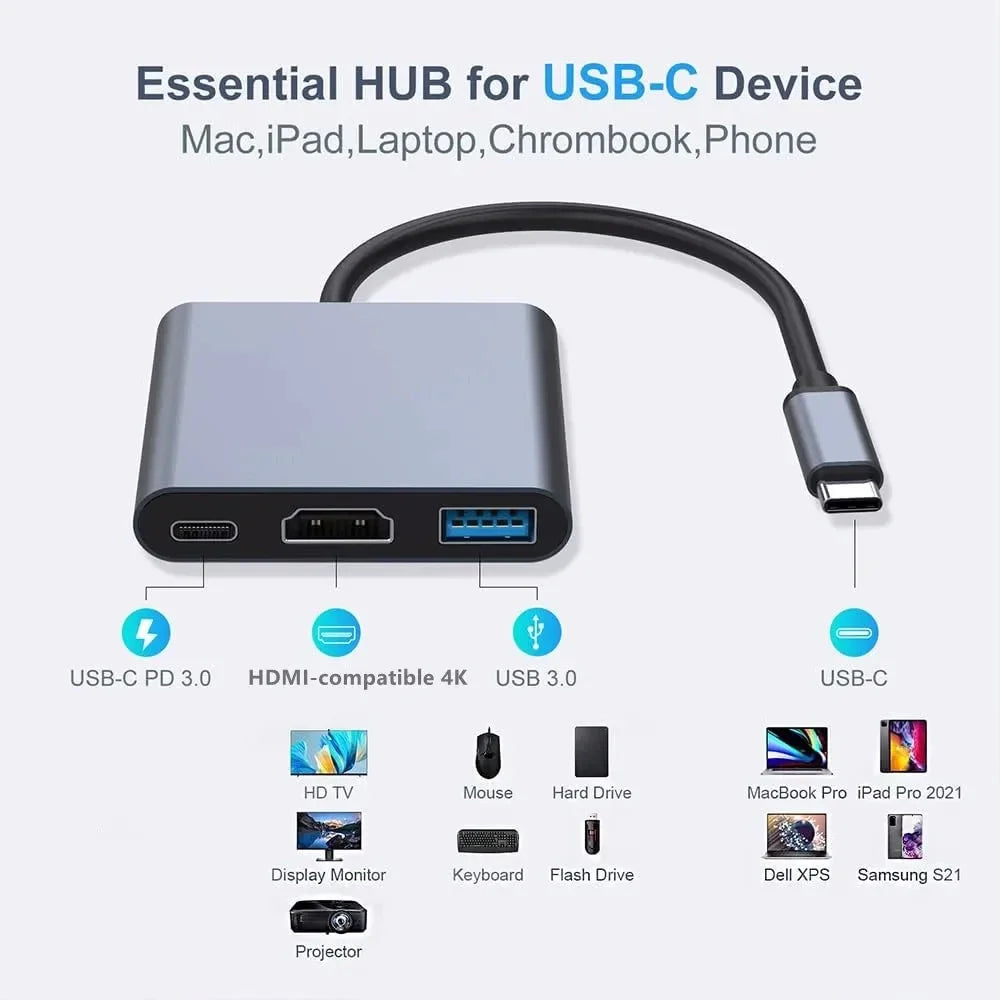Hub USB-C 3 en 1 100 W avec HDMI et USB 3