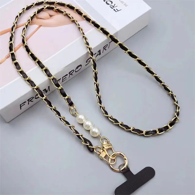 Damen Leder Lanyard mit Perlen & Metallkette