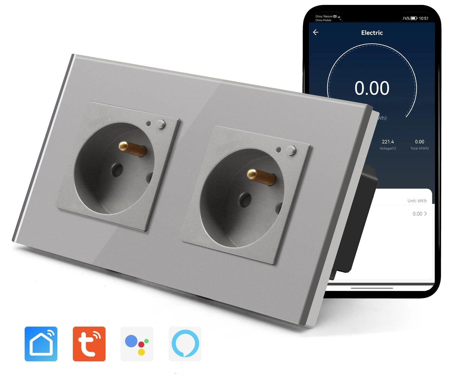 Double wall socket glass panel Smart 16A