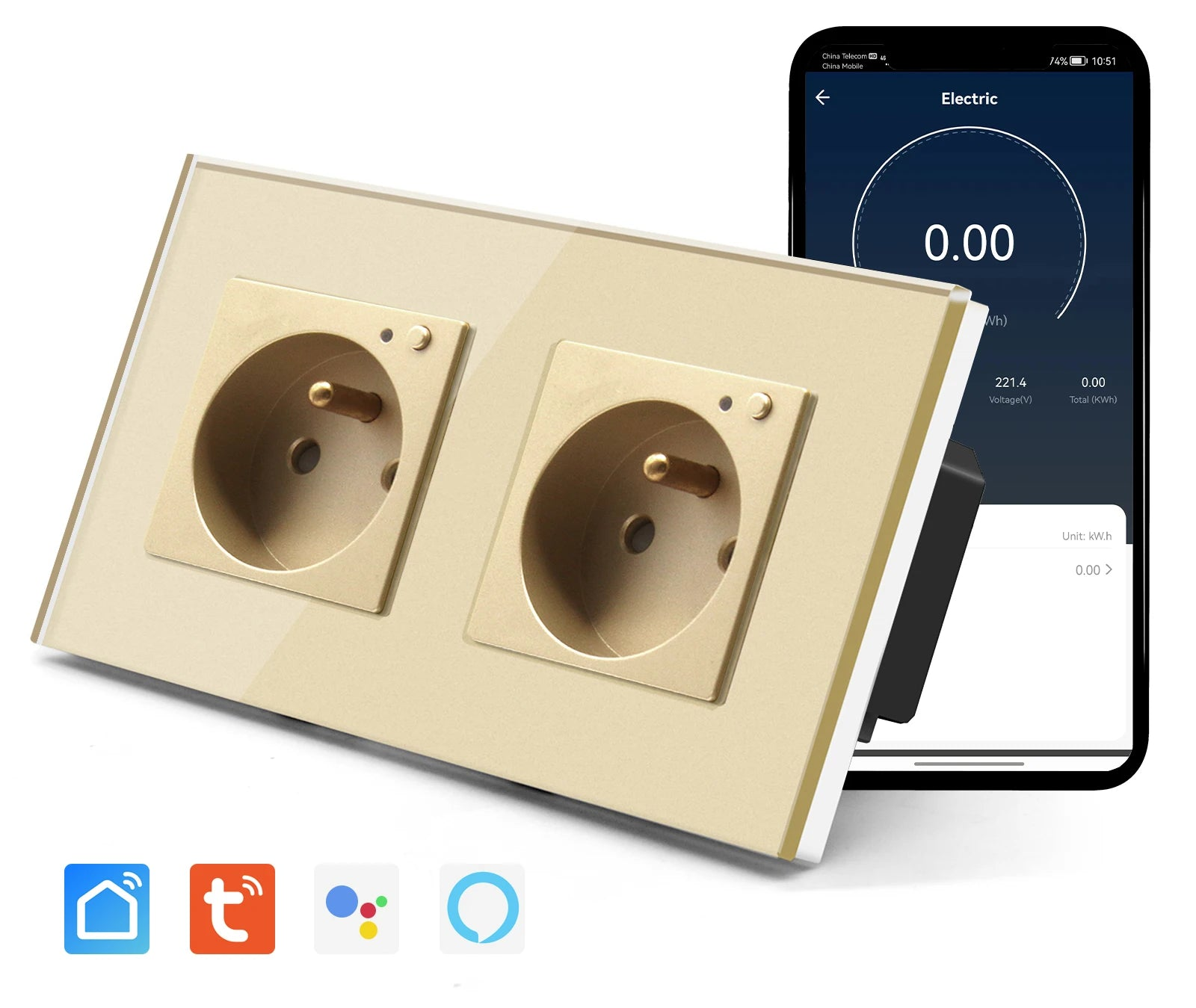 Double wall socket glass panel Smart 16A