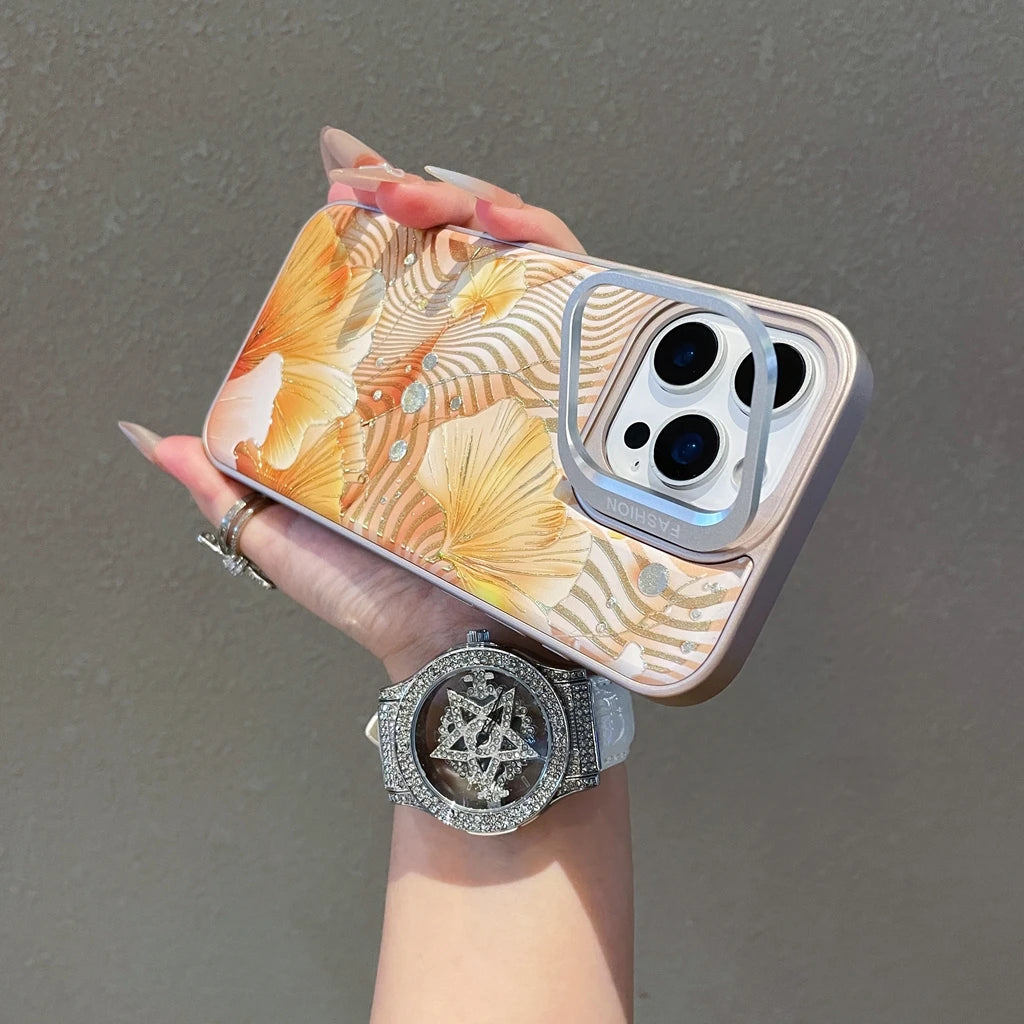 Kunstvolle Ginkgo Blatt Hülle für iPhone 17 mit Halter