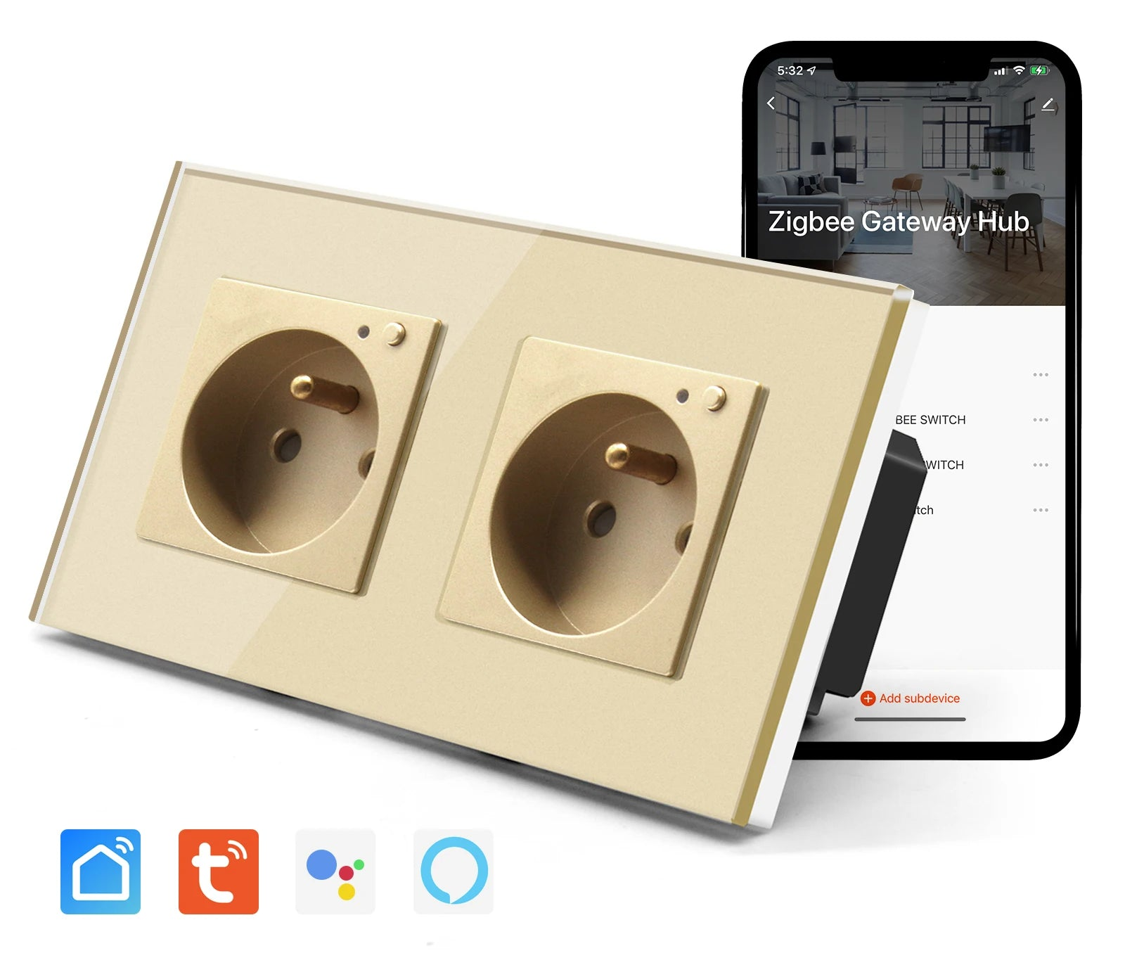 Double wall socket glass panel Smart 16A