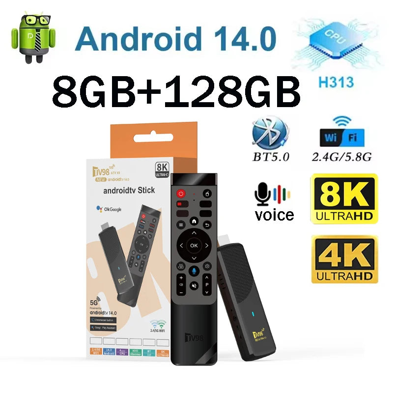 TV Stick 8K Android14 4K HDR Media Player