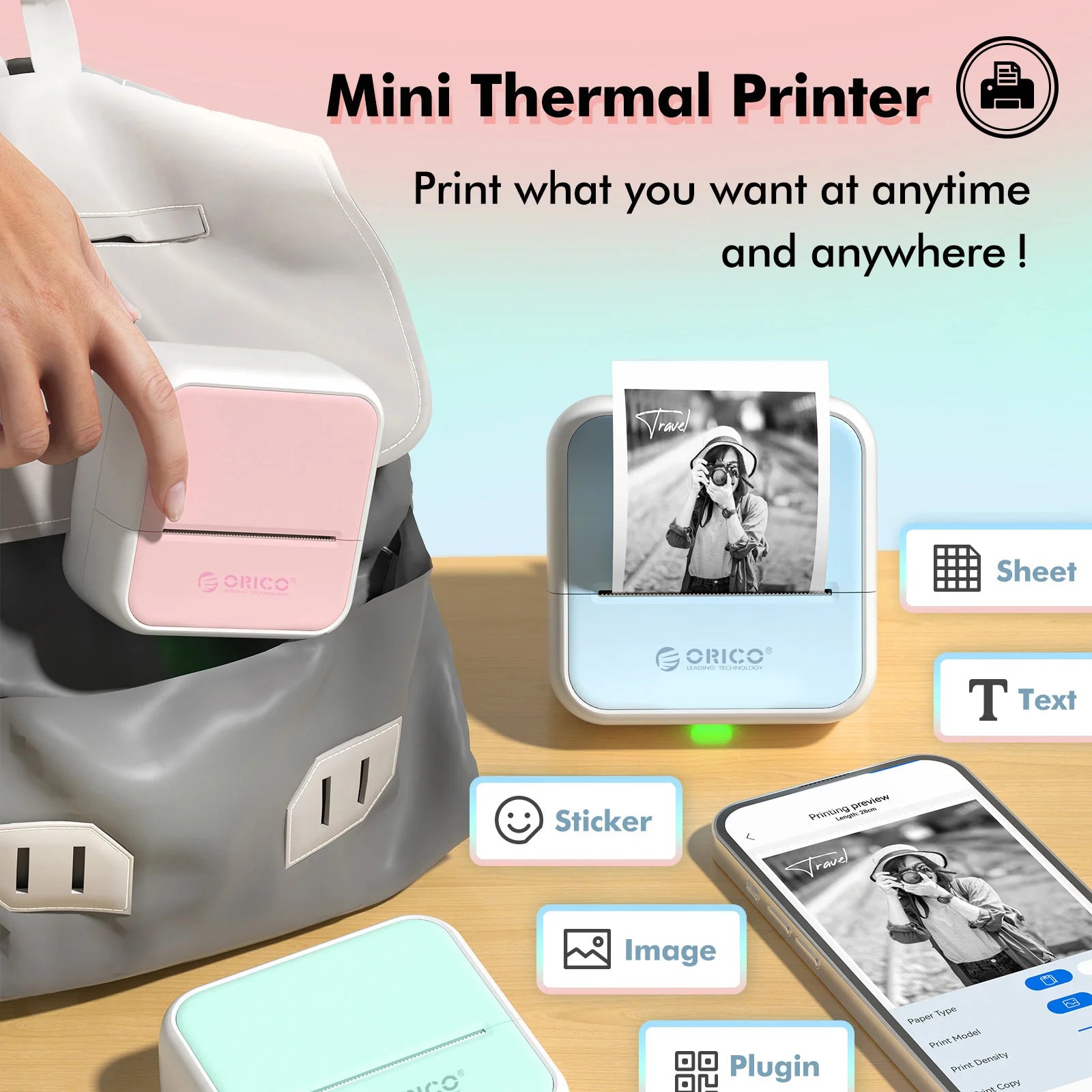 Orico Mini Bluetooth Etiketten- & Fotodrucker tragbar