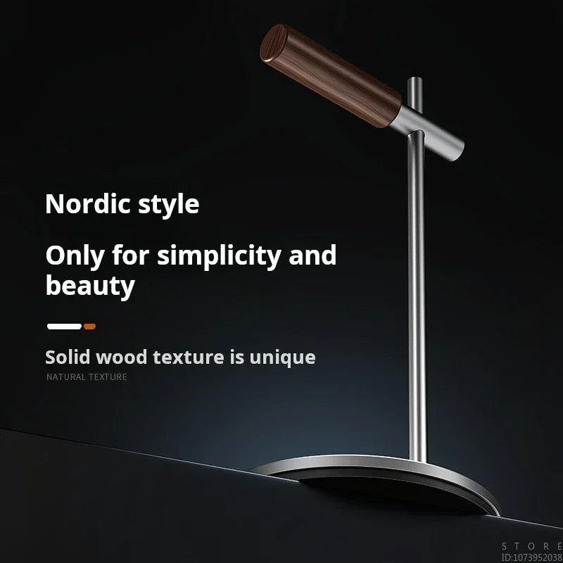 Elegant headphone stand made of walnut wood and aluminum