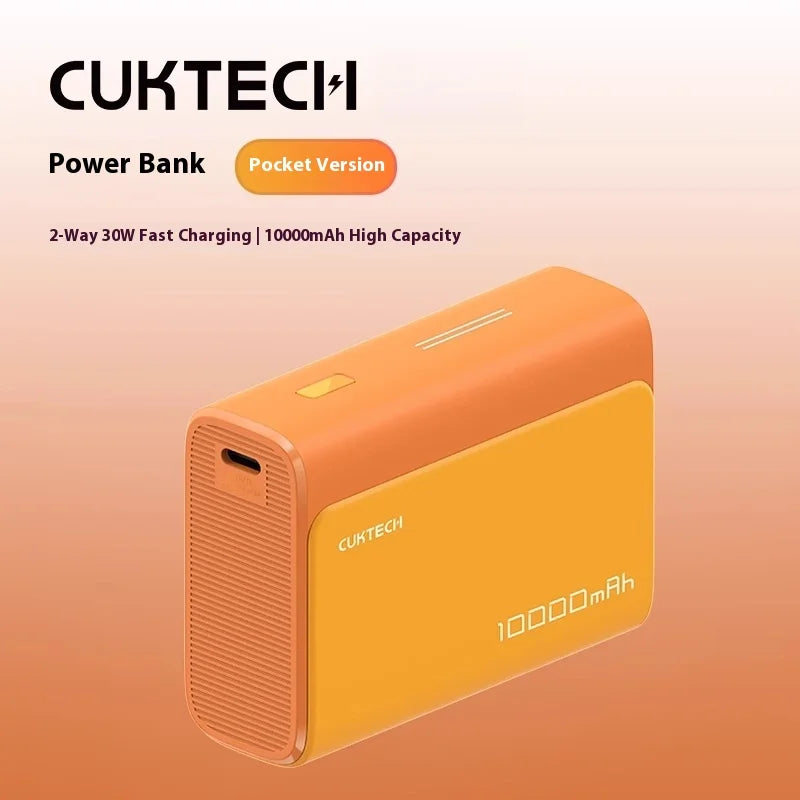 Compact 10000mAh power bank with integrated cable