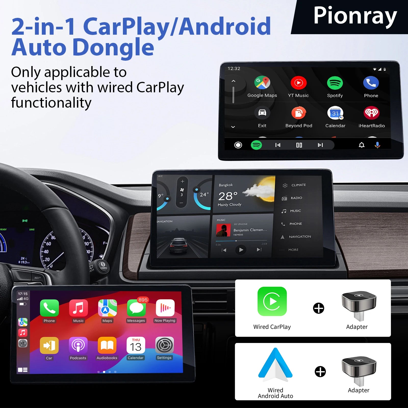 Pionray 2in1 kabelloser CarPlay Android Auto Adapter