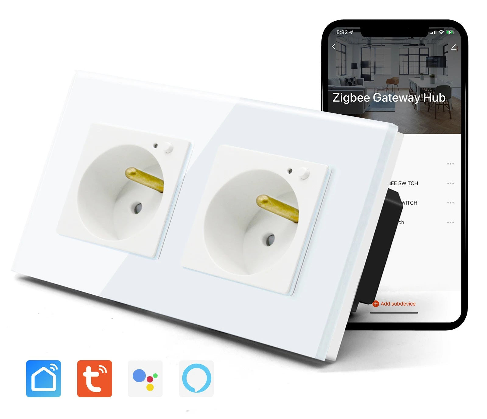 Double wall socket glass panel Smart 16A