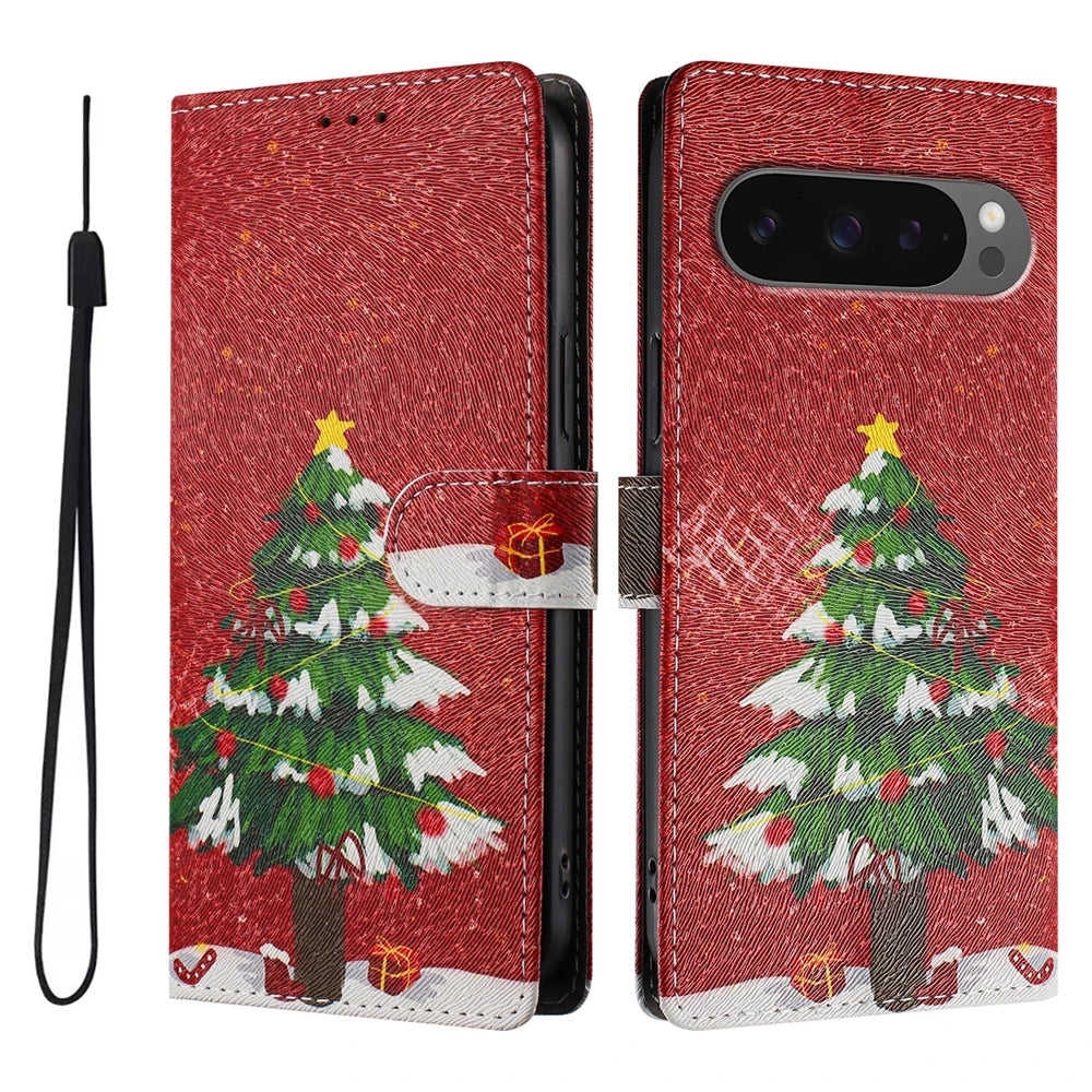 Premium Leather Flip Wallet Case for Google Pixel with Christmas Design