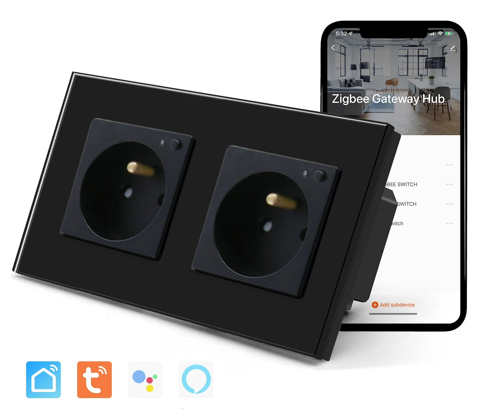 Double wall socket glass panel Smart 16A