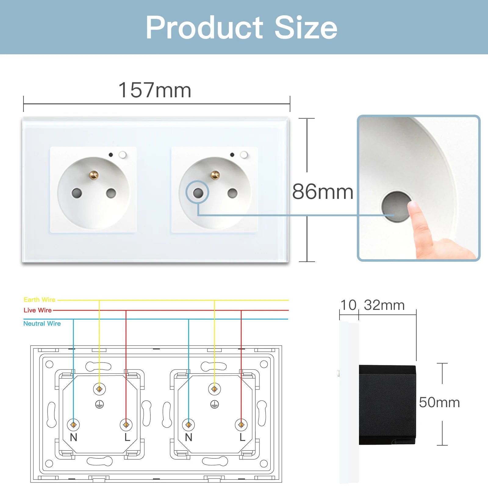 Double wall socket glass panel Smart 16A