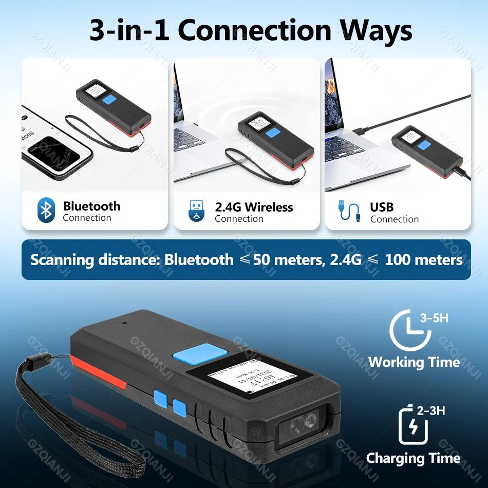 Tragbarer Bluetooth 1D 2D Laser Barcode Scanner Mini