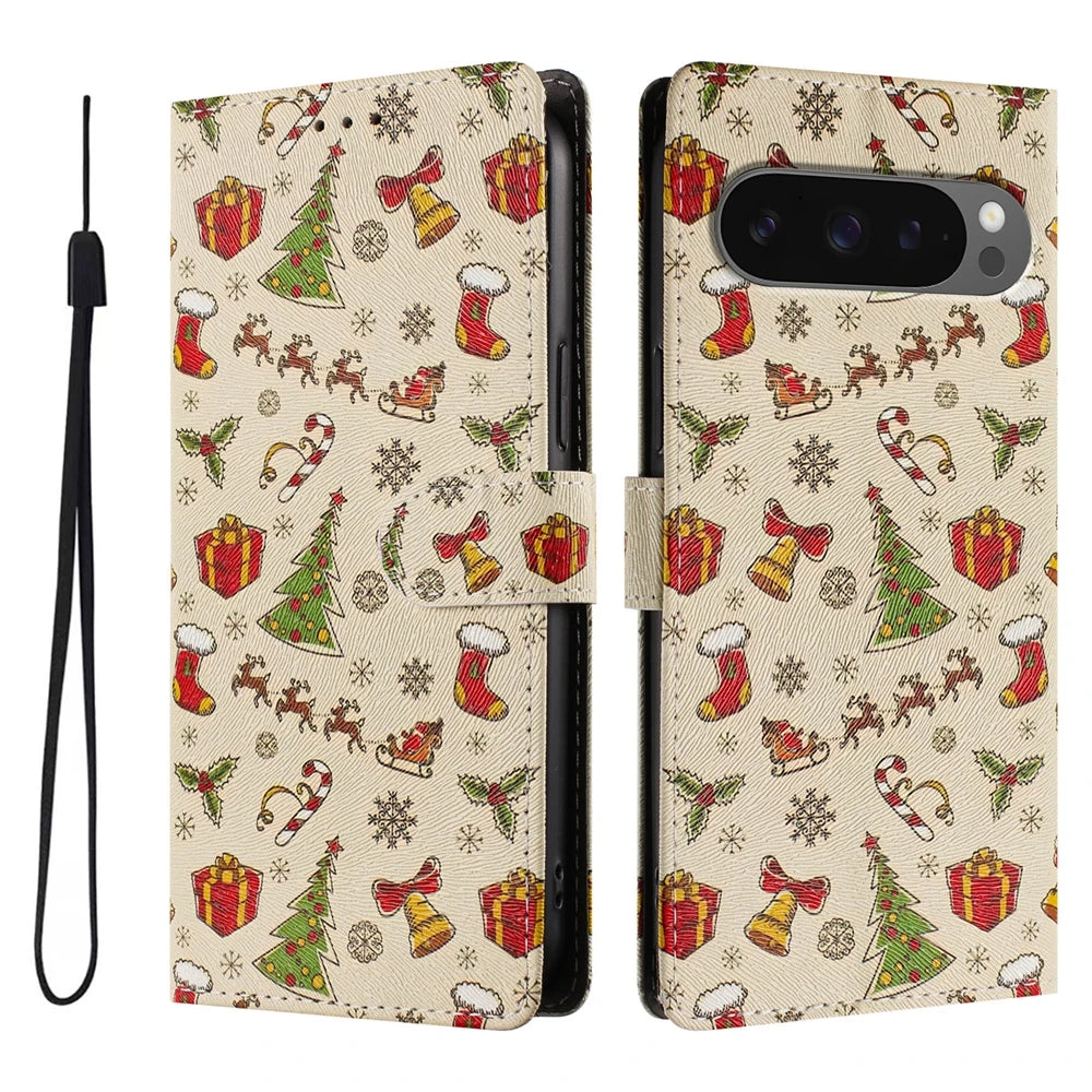 Premium Leather Flip Wallet Case for Google Pixel with Christmas Design