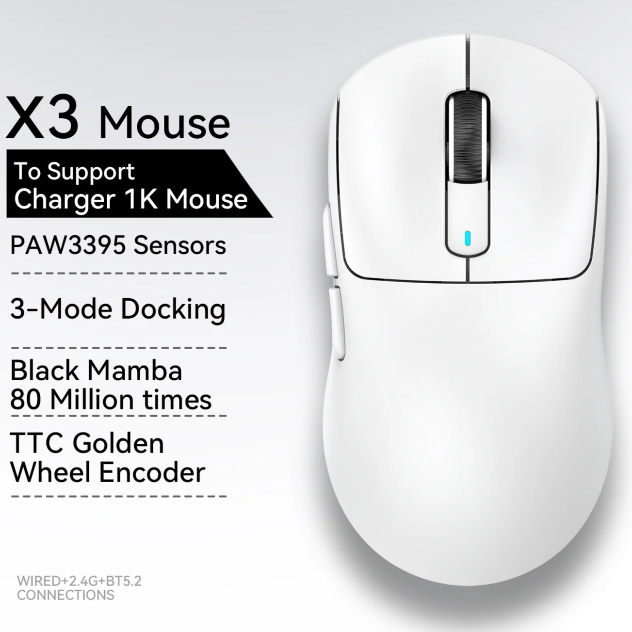 Tri-Mode Gaming Mouse 26K DPI with PAW3395 Sensor