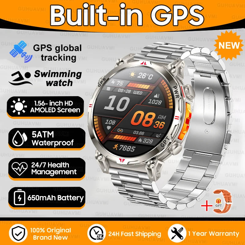 Robuste GPS Militär-Smartwatch 5ATM Dualband Kompass