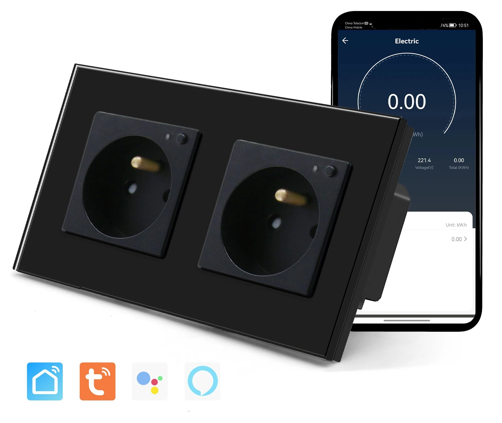 Double wall socket glass panel Smart 16A