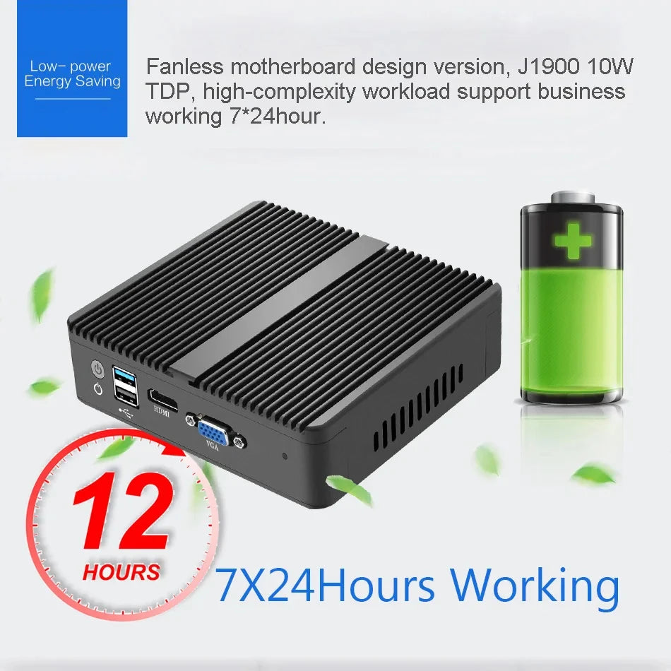Lüfterloser Mini-PC J1900 4x LAN HDMI VGA USB