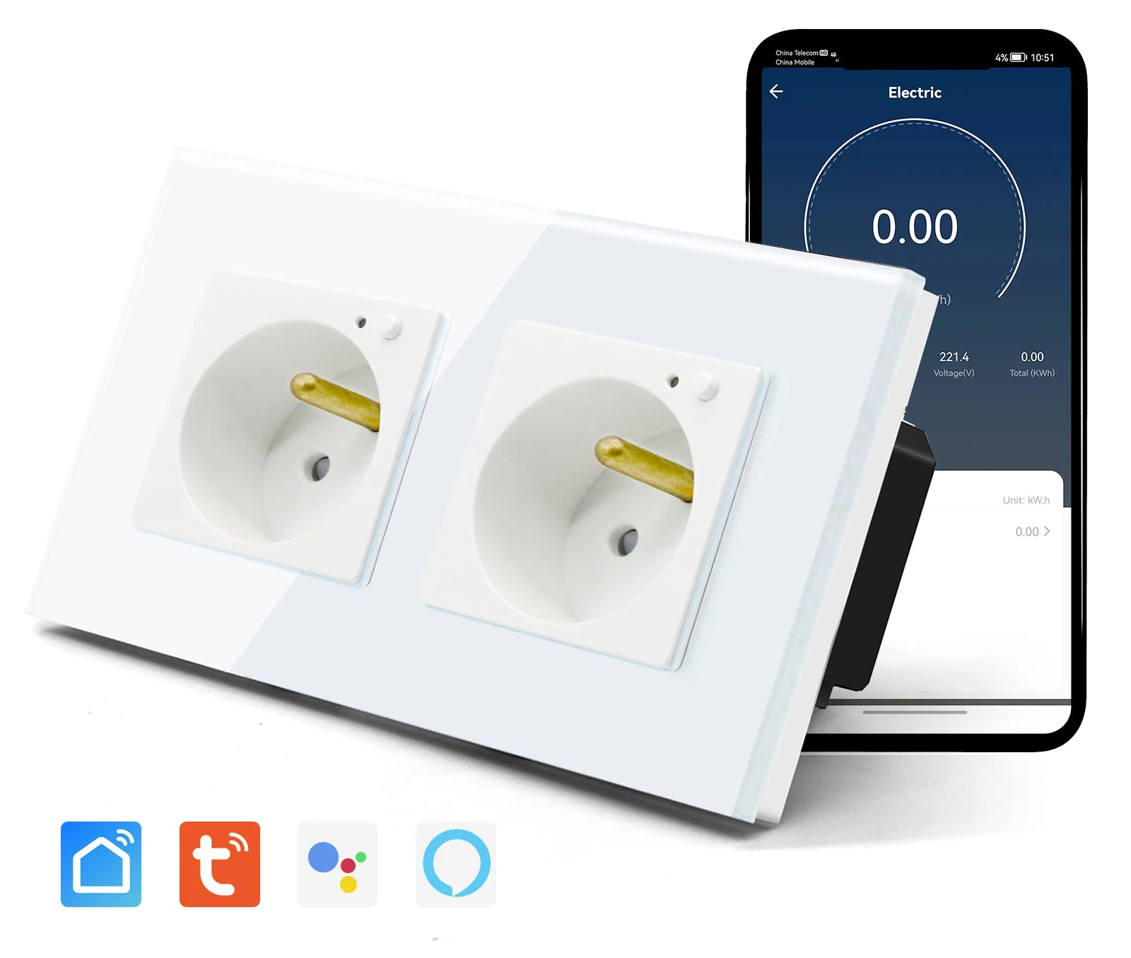 Double wall socket glass panel Smart 16A