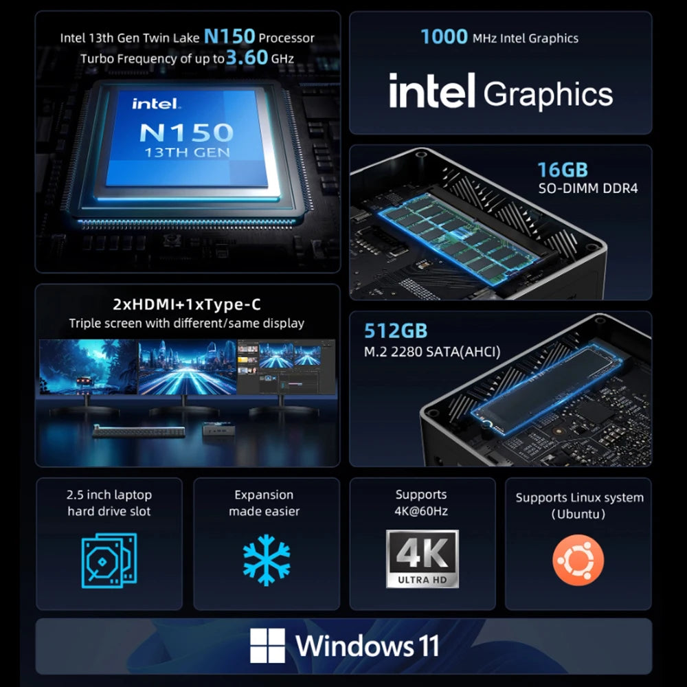 Kompakter Mini-PC N150 mit SSD & Windows 11