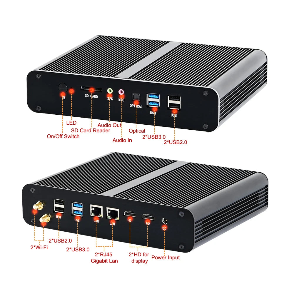Lüfterloser Mini-PC i7 i3 64GB RAM Dual LAN HDMI DP