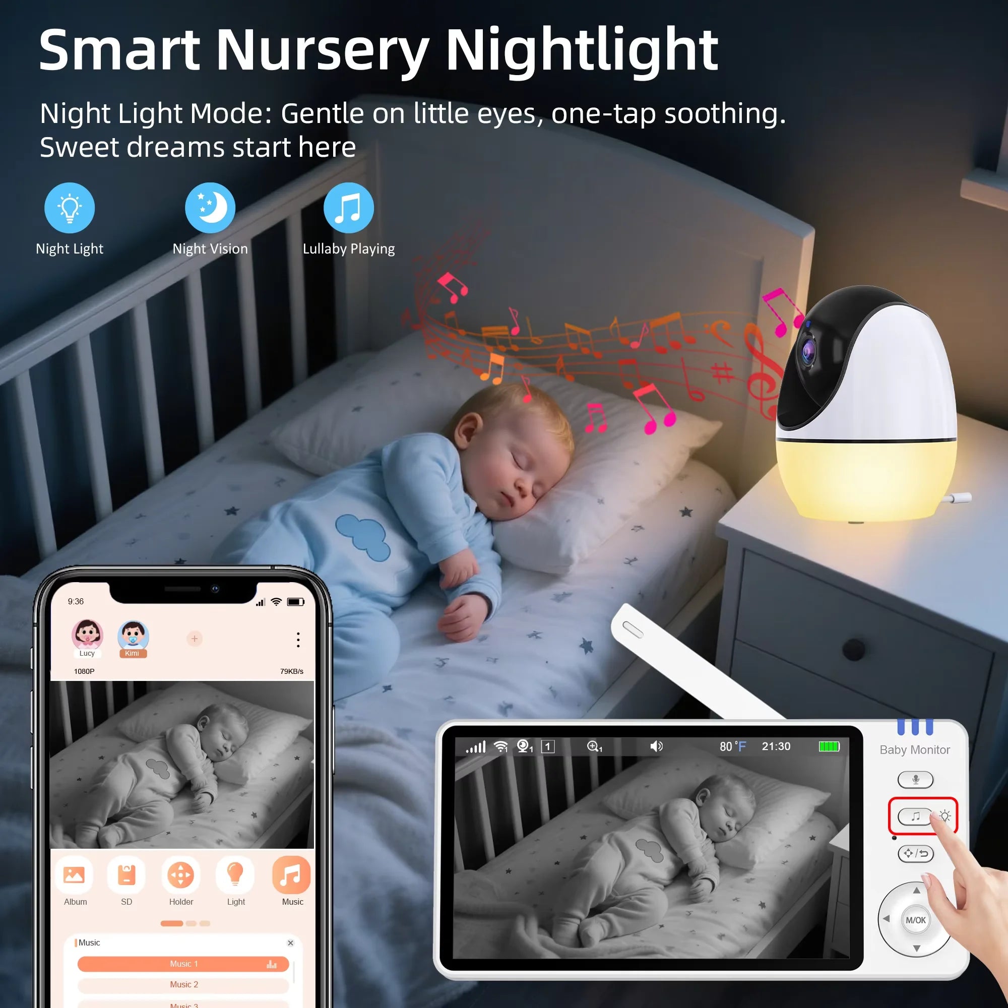 Smart baby monitor with camera &amp; sound, 4.3" HD display