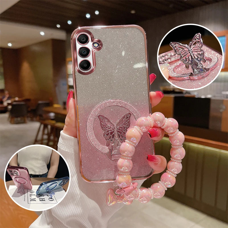 Glitzer Butterfly Hülle for Galaxy S25 mit Halter