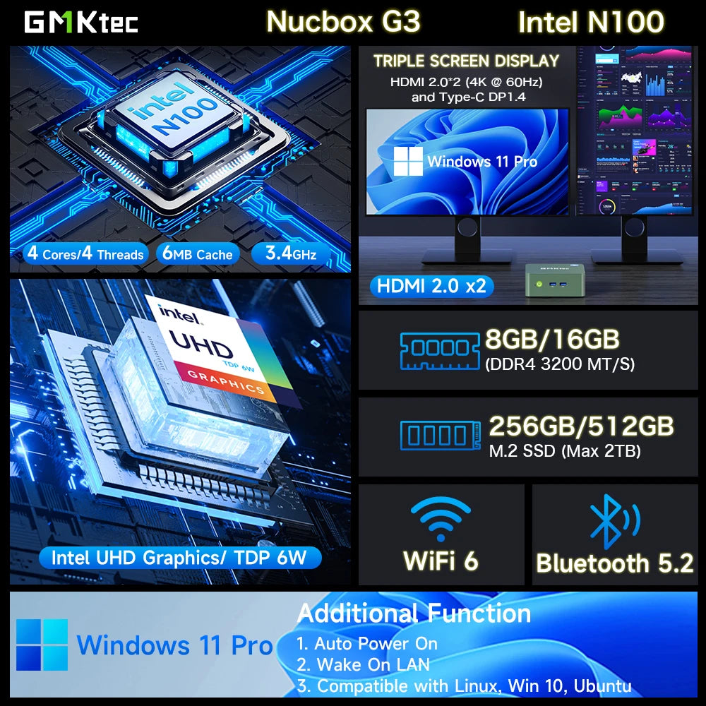 GMKtec G3 Mini-PC N100 16GB 512GB WiFi6 Windows 11