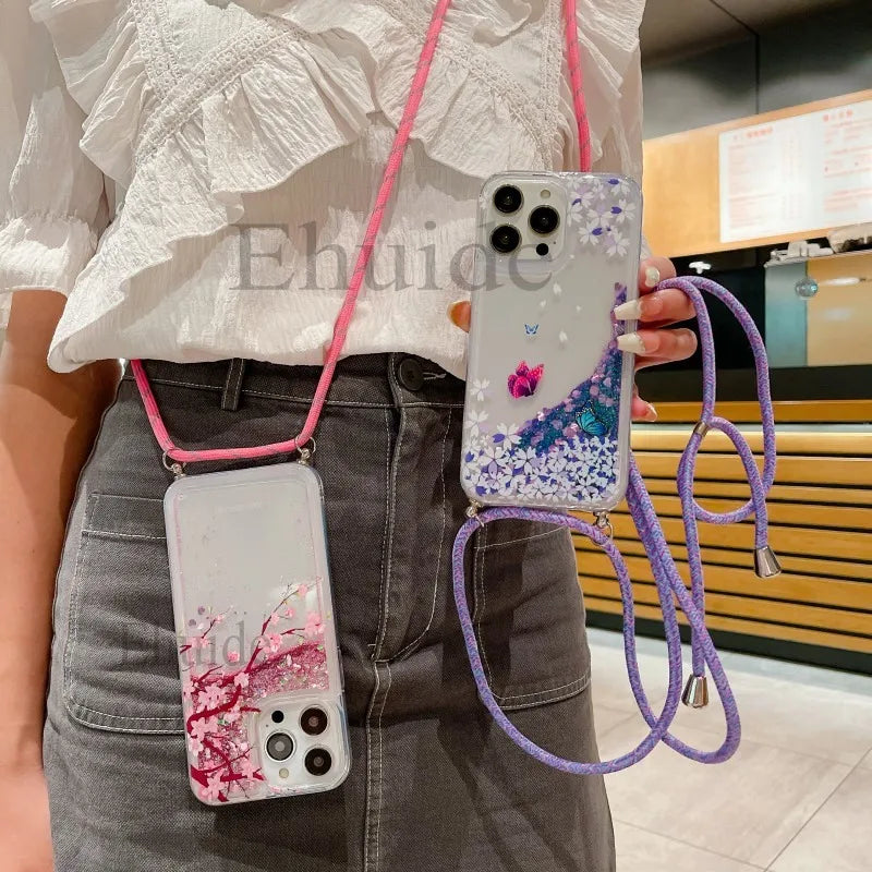 Glitzer Lanyard Hülle für iPhone 17 mit Schmetterling