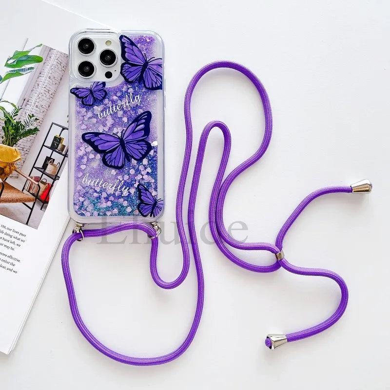 Glitzer Lanyard Hülle für iPhone 17 mit Schmetterling