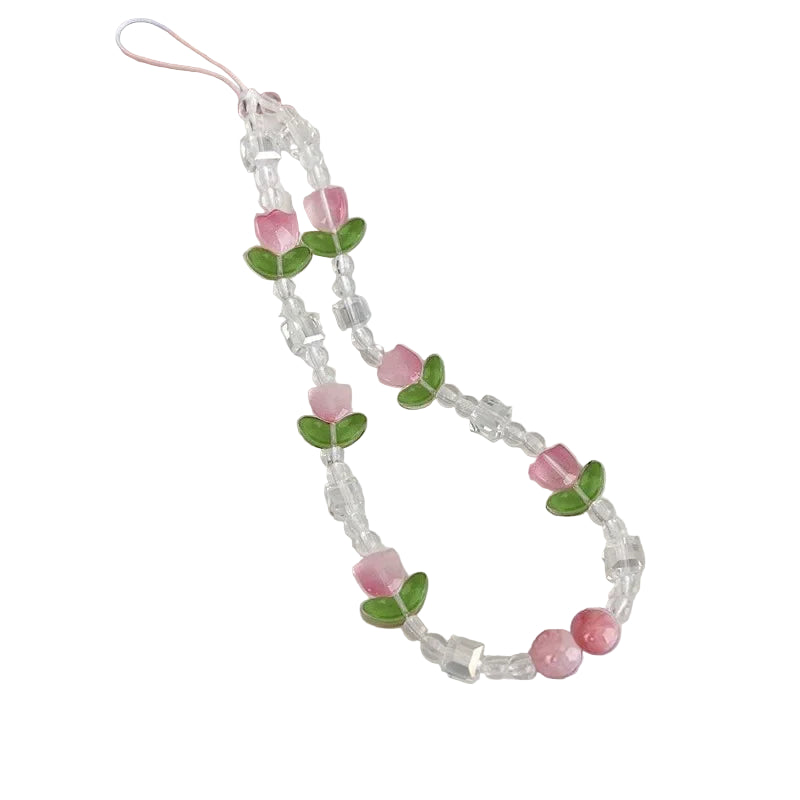 Pfirsichfarbene Perlen-Handykette mit Blumen-Charme