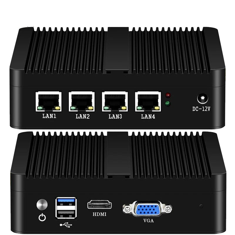 Lüfterloser Mini-PC J1900 4x LAN HDMI VGA USB
