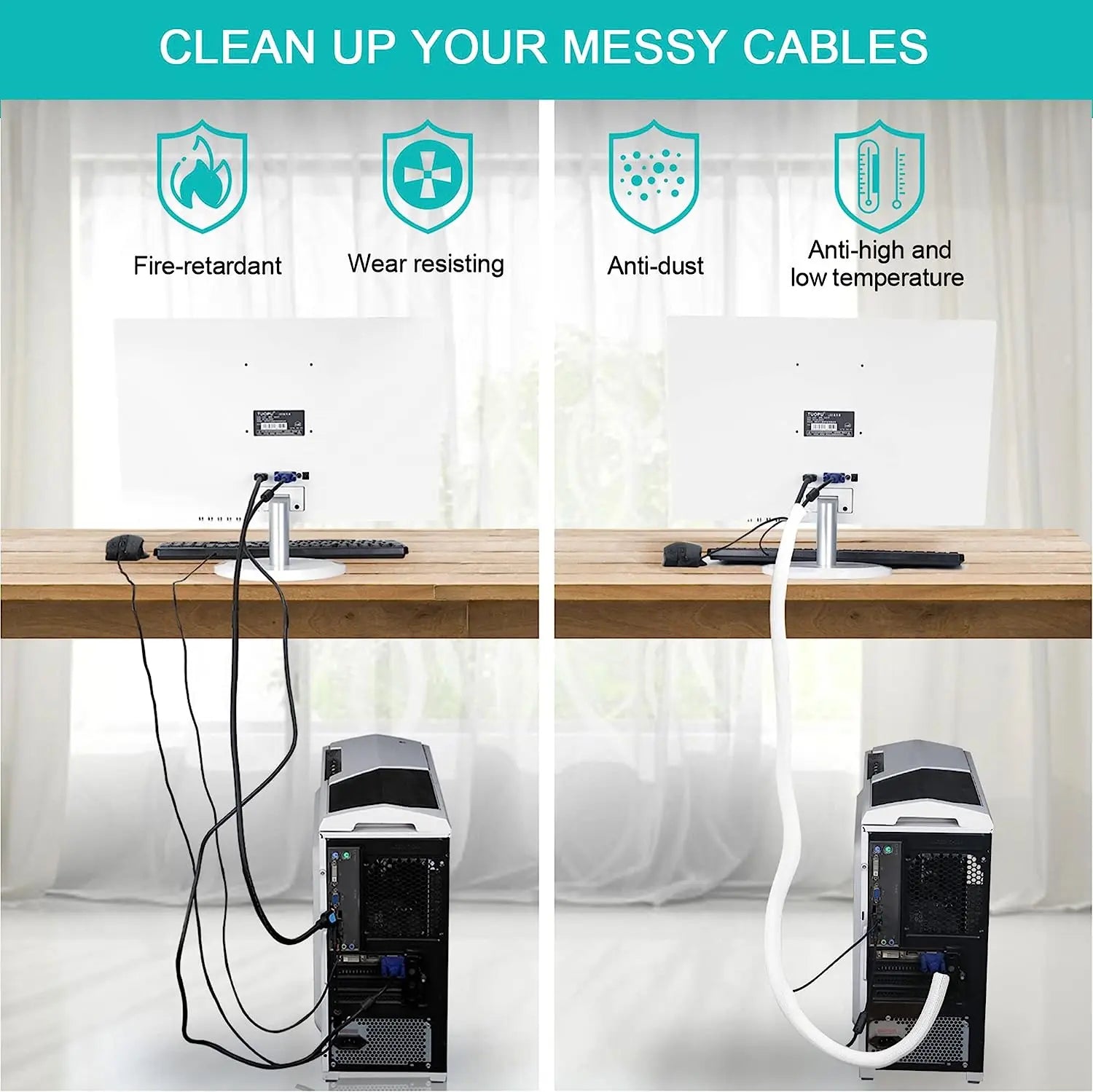 Weiße Kabelhülle für Schreibtisch & Büro Kabelmanagement