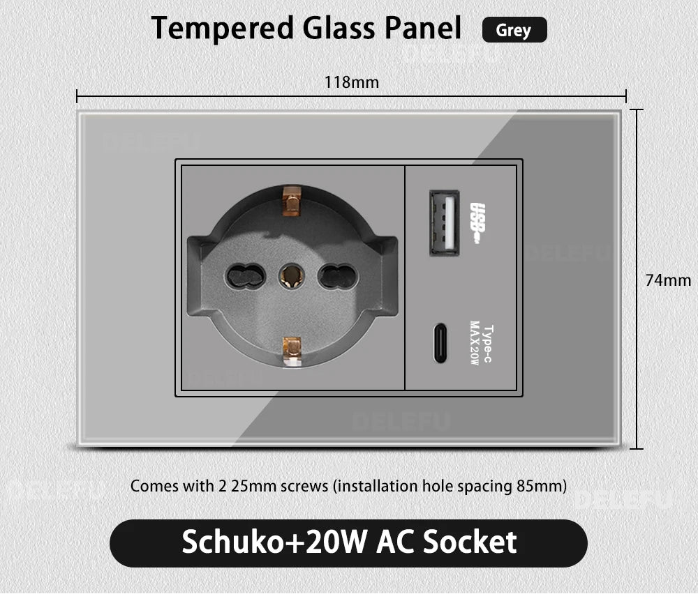 Grau Glas Smart Steckdose USB C & Wifi Schalter