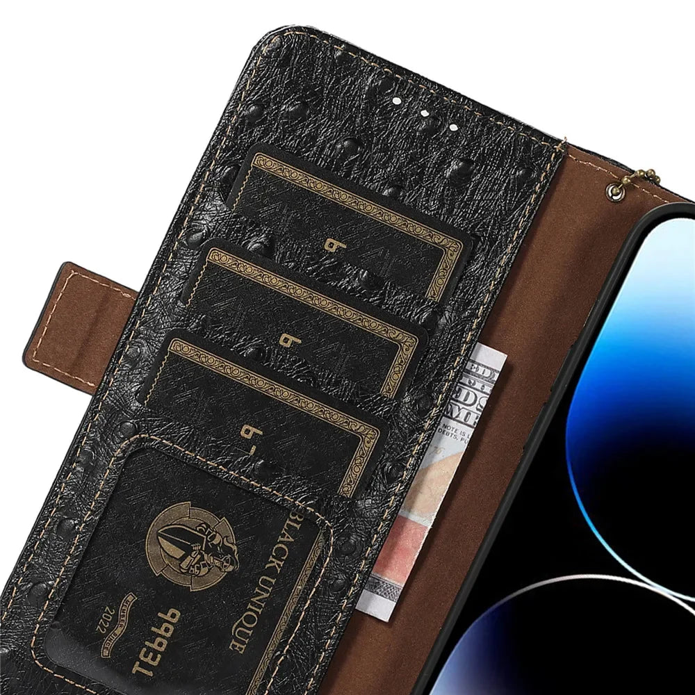 Ostrich Leder Flip Wallet Case für Galaxy S25